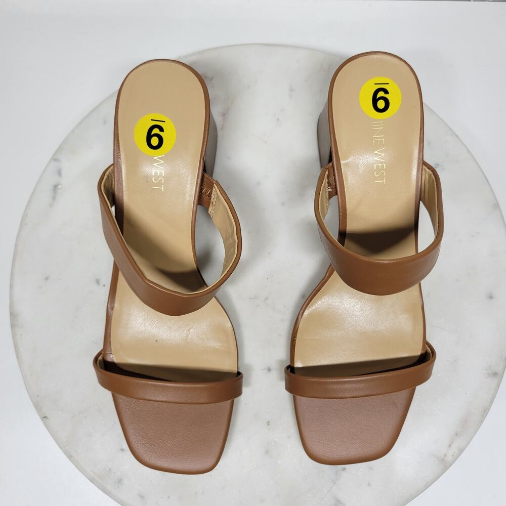 Nine West Gamer Strappy Sandals Womens 9 Brown Open Toe Slip On Block Heels New - Picture 7 of 14